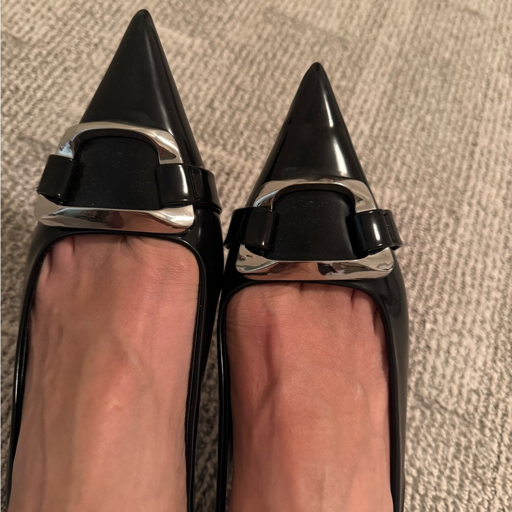 Zara Black Patent Pointed Toe Flats with Silver Buckle